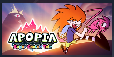 A cartoon girl and the words Apopia: The Sugar Coated Tale.