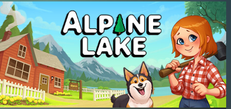 Woman and dog by a house and a lake in Alpine Lake.
