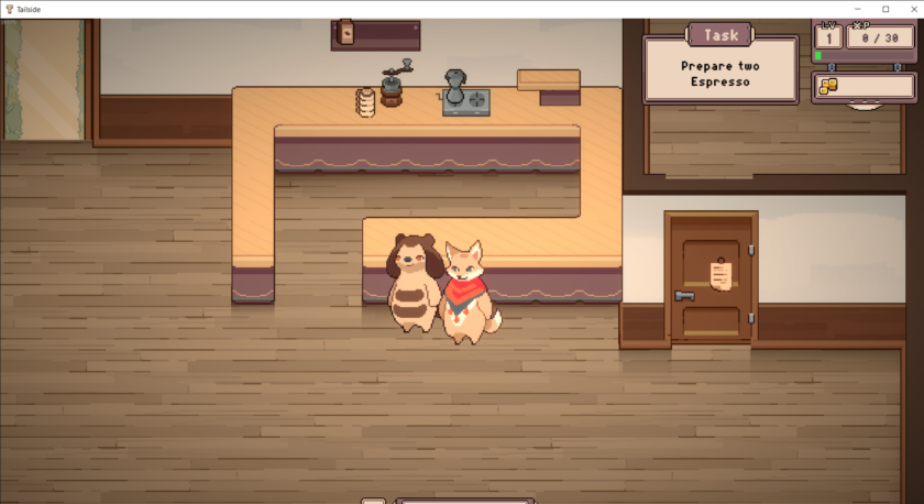 A cozy café scene from the game "Tailside: Cozy Cafe Sim" featuring a fox in a red scarf and a dog-like character standing at the counter. The café interior includes wooden floors, stacked cups, a manual coffee grinder, and a stovetop espresso maker. On-screen UI displays a task to prepare two espressos, along with level and experience indicators (LV 1, XP 0/30) and a coin counter, highlighting the game's café management and progression system.