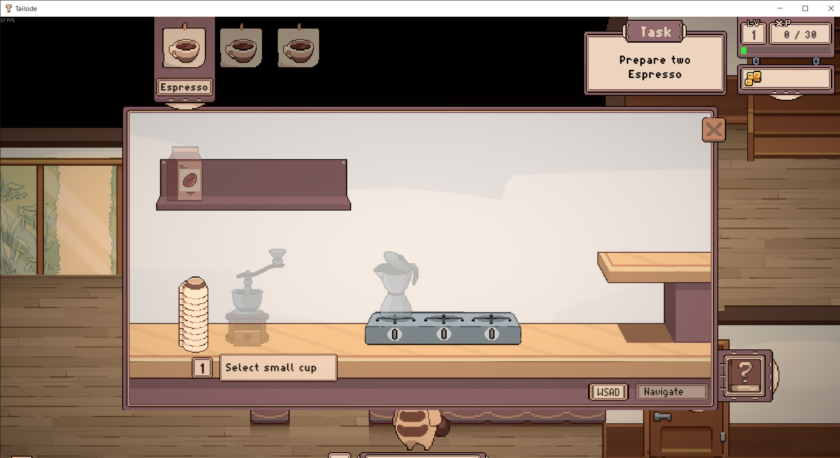 A pixel art coffee station from "Tailside" features a stovetop with three burners, a moka pot, a manual coffee grinder, and a stack of small cups. A shelf above holds a coffee bean container. The interface displays a task to "Prepare two Espresso," with two espresso icons centered at the top. Navigation instructions using "WSAD" keys appear at the bottom, highlighting the game's hands-on drink preparation mechanics