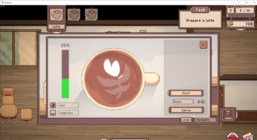 A top-down view of a latte art mini-game from "Tailside" shows a coffee cup with a leaf and heart design in progress. A progress bar indicates 35% completion, and interactive buttons labeled "Pour," "Toggle Pour," "Reset," "Serve," and "Bonus" (worth 6 coins) are visible. The task panel reads "Prepare a latte," while the player’s level is 5 with 0/90 XP and 190 coins. Navigation instructions using "WSAD" keys are displayed, all set within a café interface with warm wooden tones.