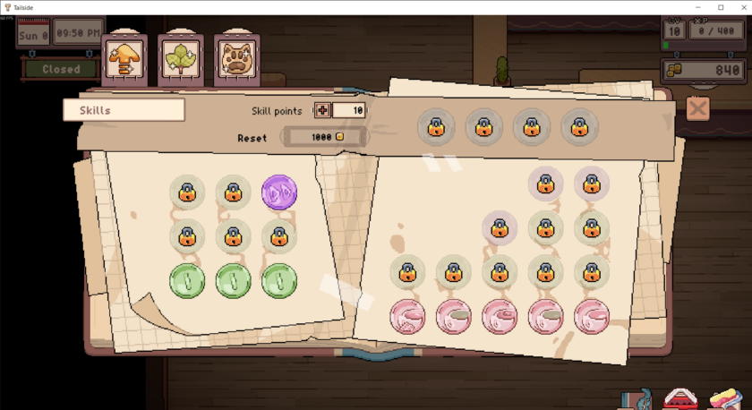 A notebook-style skill tree interface from "Tailside" displays two pages of circular skill icons, most of which are locked. Colored icons (green, purple, pink) suggest different categories or tiers. Tabs at the top include symbols like a mushroom, leaf, and paw print, with the current tab labeled "Skills." The player has 10 skill points available and can reset the tree for 1000 coins. The top right shows level 10, 0/400 XP, 840 coins, and the time as "Sun 0, 09:50 PM" with the shop marked "Closed."