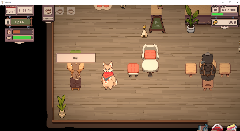 A pixel art café scene from "Tailside" shows a cozy interior with wooden floors, stools, potted plants, and warm lighting. Three anthropomorphic animal characters are present: a fox in a red scarf behind the counter, a deer-like customer saying "Hey!", and a bear-like character seated at a table. On-screen UI displays the date and time ("Mon 1, 01:50 PM"), shop status ("Open"), current drink ("Espresso"), player level 10 with 173/400 XP, and 990 coins, highlighting the game's café management and customer interaction focus.