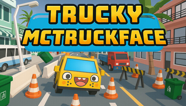 Trucky McTruckface logo with a happy yellow car