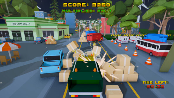 Trucky McTruckface level with the garbage truck hitting some boxes in the street
