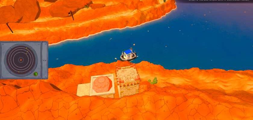 An overhead view of a ship on a river in a desert in Shippin