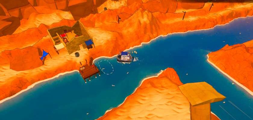 An overhead shot of a desert with a river and a dock in Shippin
