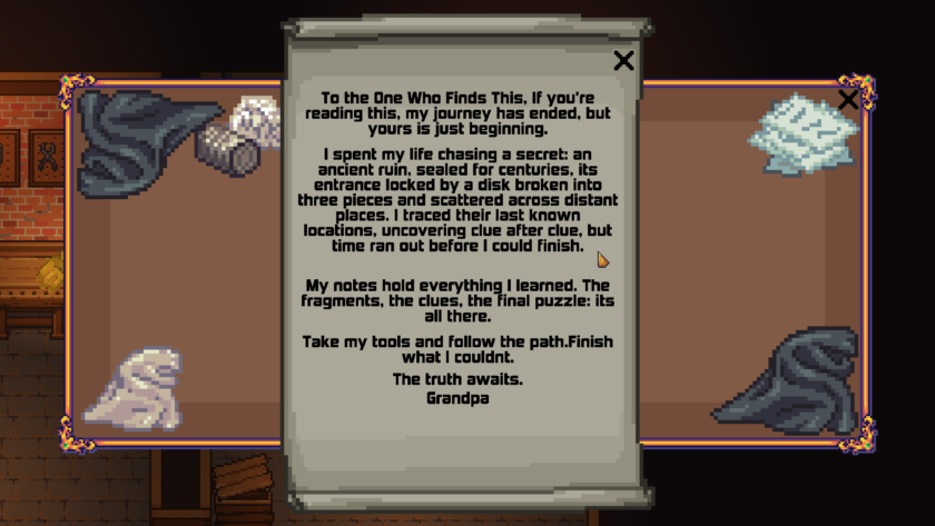 Retro Relics: a letter from your late grandpa asking you to find three artifacts to unlock the ancient ruins