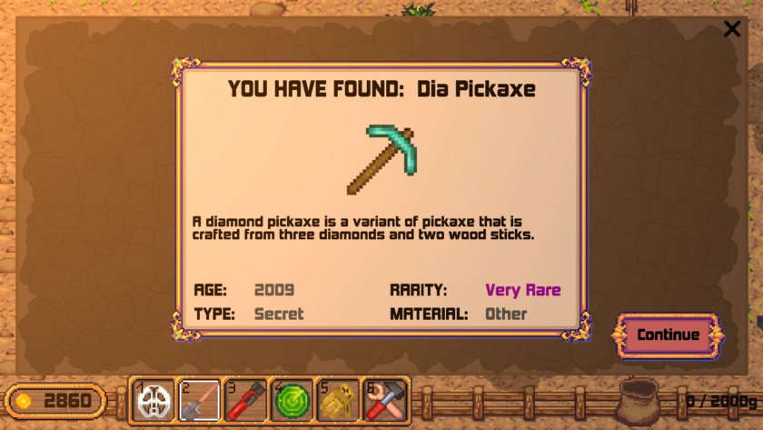 Retro Relics: the item description for a diamond pickaxe, detailing its age, type, rarity, and material