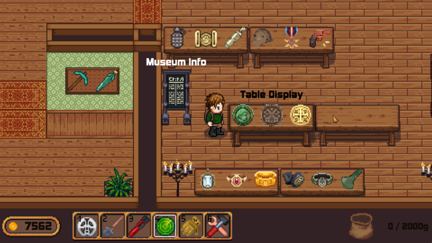 Retro Relics: display boards and tables set up in player's home to show off collected items