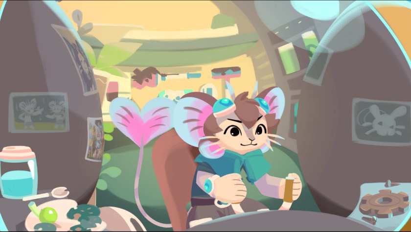 A character piloting a vehicle in Muri: Wildwood
