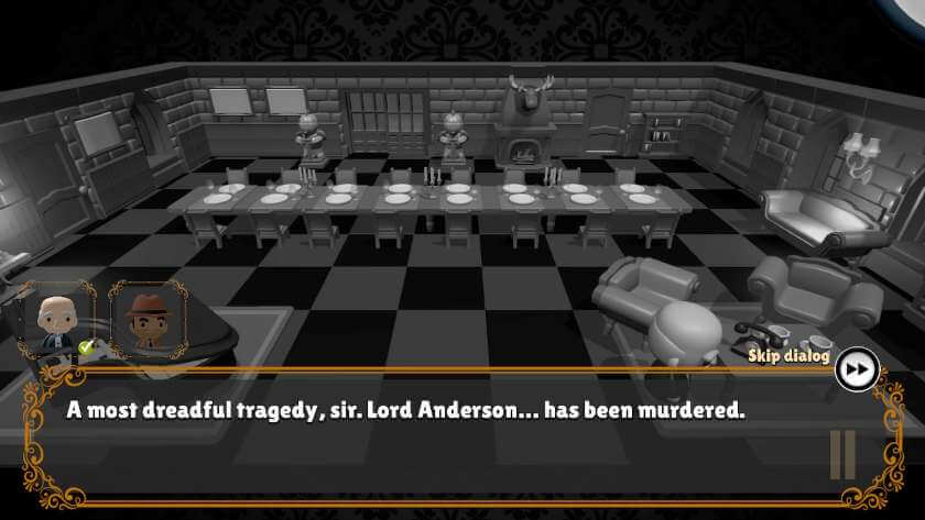 Black and white diorama of the dining room with the Butler saying: A most dreadful tradegy, sir. Lord Anderson... has been murdered. Published on LadiesGamers