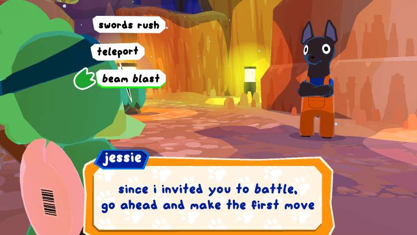Gator is having a battle with an NPC in Lil Gator Game: In the Dark DLC.