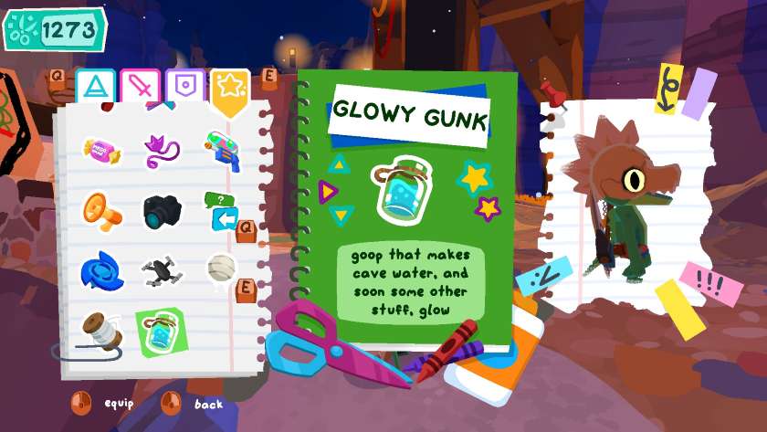 The journal shows some of the new items in Lil Gator Game: In the Dark DLC.