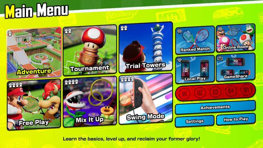 The main menu of Mario Tennis Fever. Published on LadiesGamers