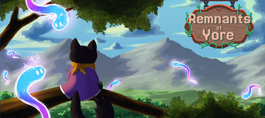Remnants of Yore logo with yore the cat looking at a beatiful landscape