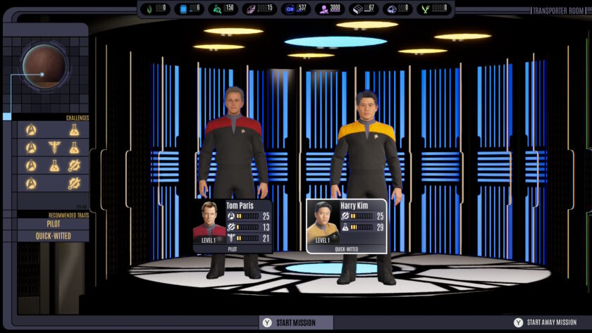 Screenshot for the video game Star Trek: Voyager - Across the Unknown, selecting heroes for the away mission, published on LadiesGamers.com