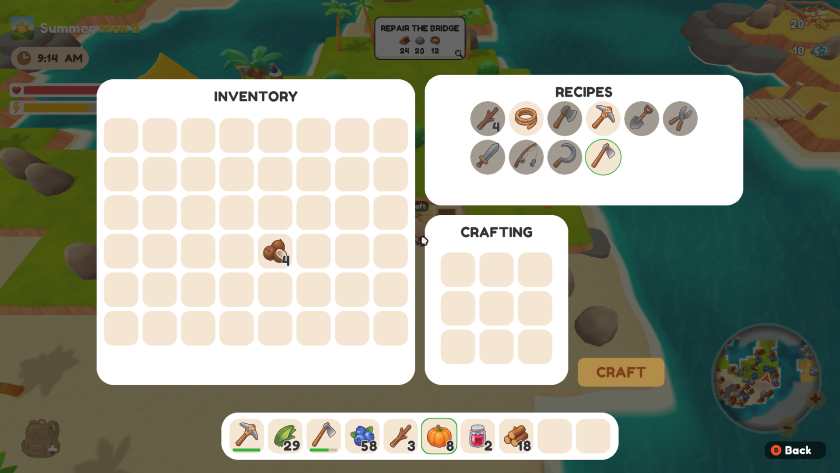 The inventory and crafting menu in Shorekeeper.