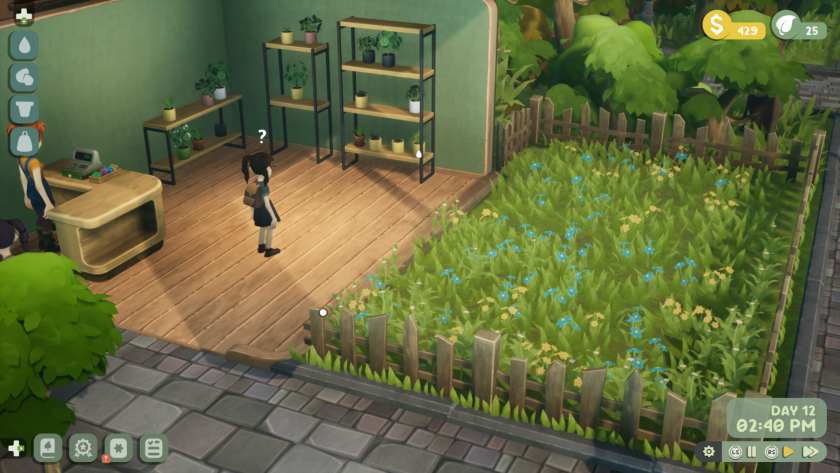 A customer in a shop in Leafy Corner.