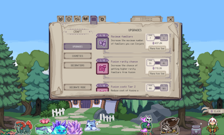Familiar Findings: purchase various upgrades with mana to improve your mana and summoning abilities.