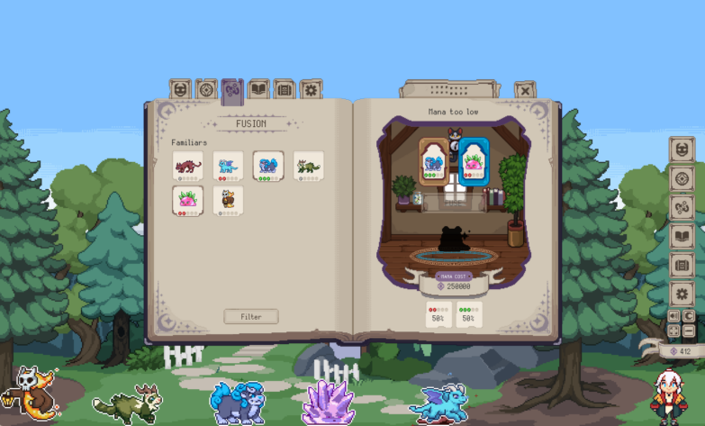 Familiar Findings: the fusion menu allows you to choose two familiars on the left to fuse and create a new creature.