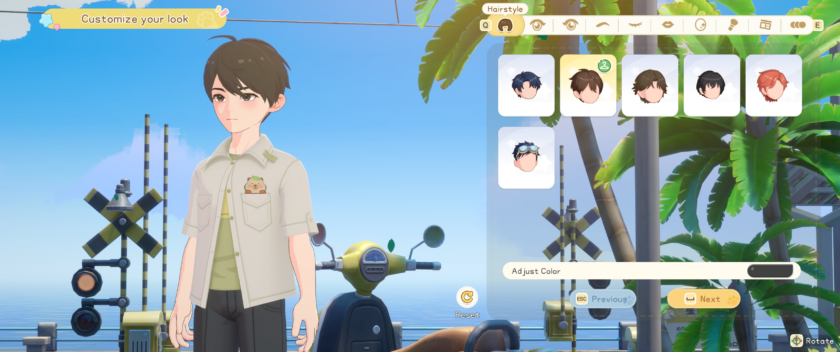 Starsand Island: character customization screen with hair, eyes, mouth, makeup, and skin options