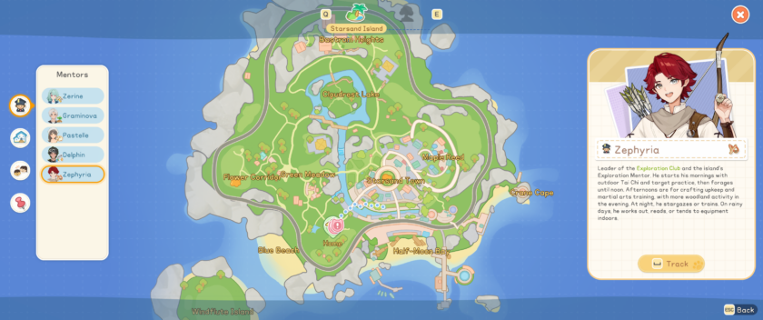 Starsand Island: the map allows you to track specific villagers and locations