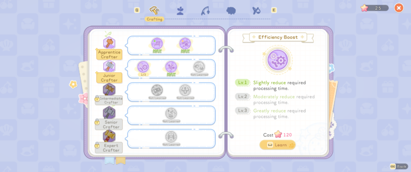 Starsand Island: Workpedia screen allows you to spend points to buy upgrades for Crafter, Farmer, Rancher, Angler, and Explorer professions