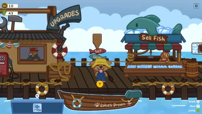 A dog and a boat on a dock in All You Can Fish!