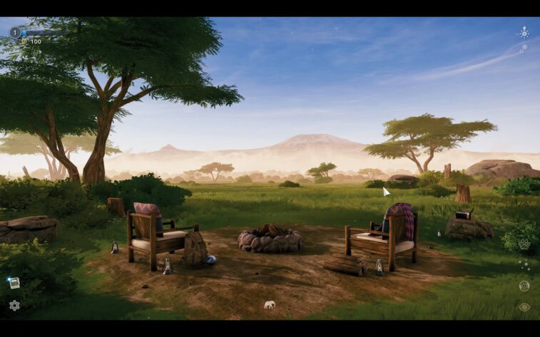 screenshot of a serene savanna campsite at dawn, facing a distant snow-capped mountain.