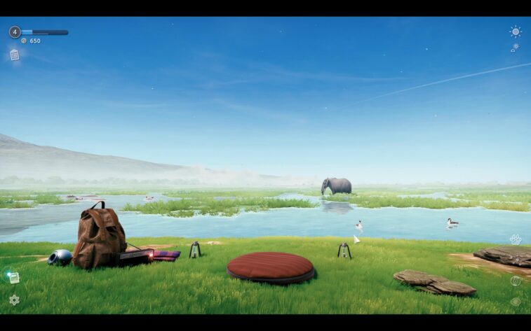 Video game screenshot of a lakeside campsite with an elephant and hippos nearby.