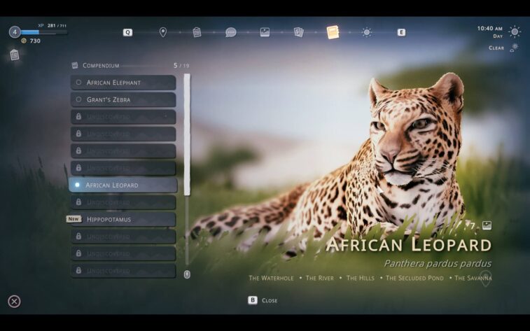 Game menu displaying an African leopard profile within a wildlife compendium.