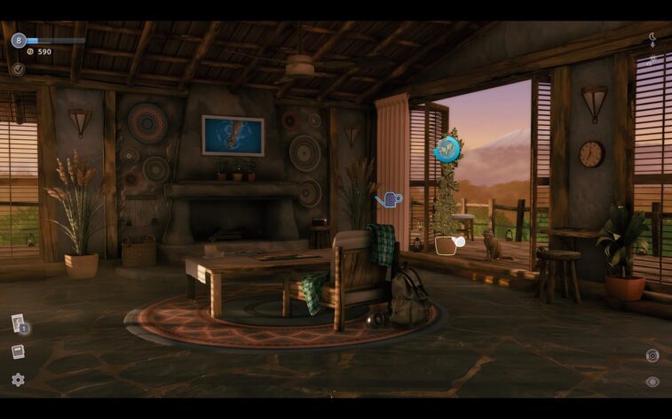 Cozy lodge interior with African decor, overlooking a misty savanna and mountain at sunset.