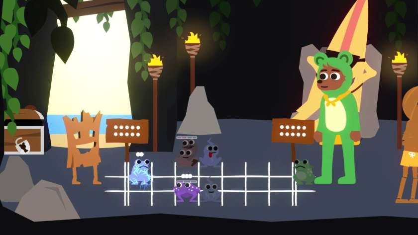 A Frogtime board, with various frogs across it. A blue frog has lightning bolts around it. Published on LadiesGamers