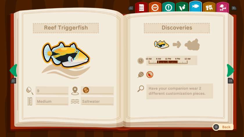 The collector's compendium open on the Reef Triggerfish page, with the fabled condition of “Have your companion wear 2 different customisation pieces”. Published on LadiesGamers