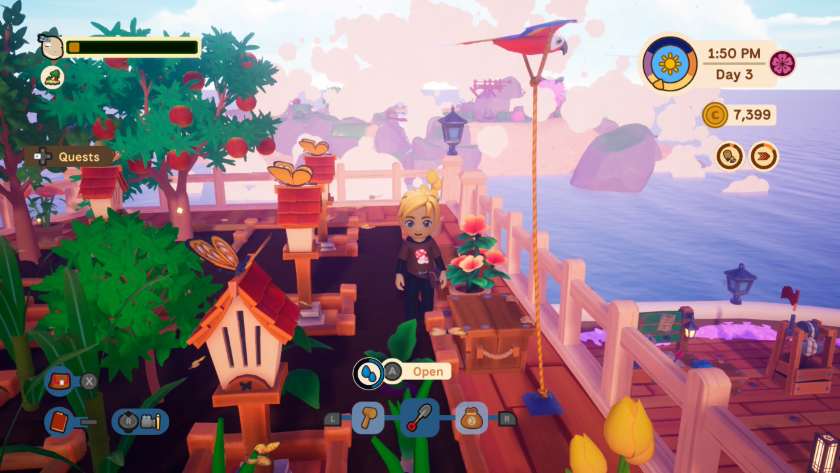 My character standing on the upper deck with trees and butterfly houses on it. There is an island emerging from cloud behind. Published on LadiesGamers