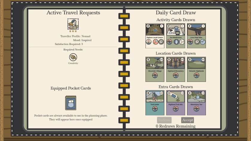 A customer's request is lined up next to a potential hand of cards in Dear Journey...