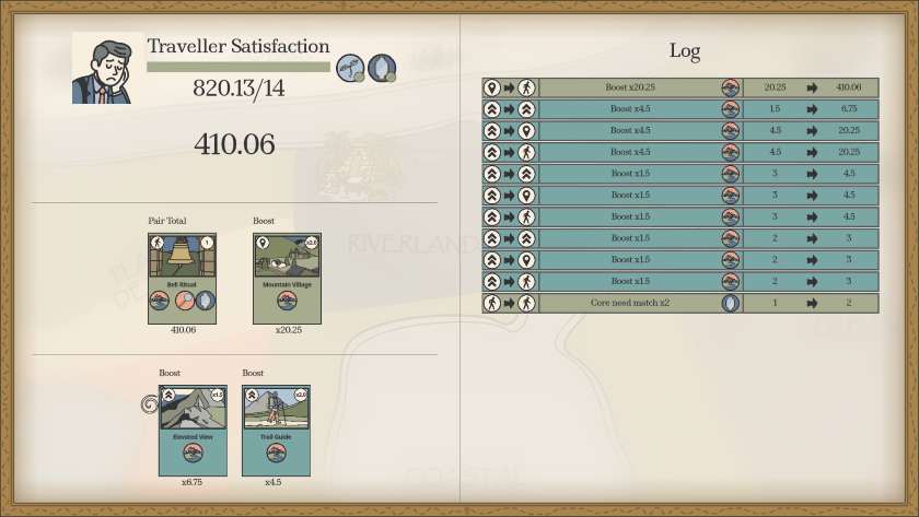 A hand of cards is being calculated in Dear Journey...