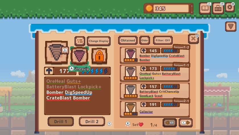 Equip drill menu, with list of available drills and their enchantments. Published on LadiesGamers