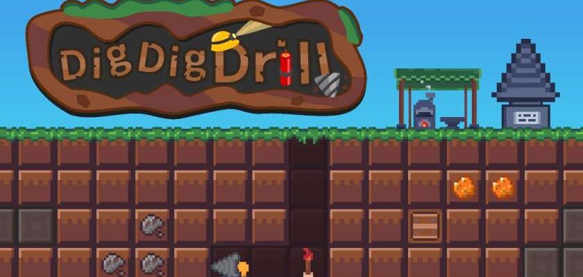 Promotional image for DigDigDrill showing a drilling machine in a square block underground area. Published on LadiesGamers