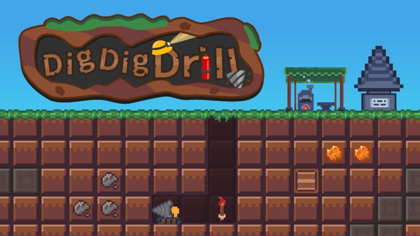 Promotional image for DigDigDrill showing a drilling machine in a square block underground area. Published on LadiesGamers