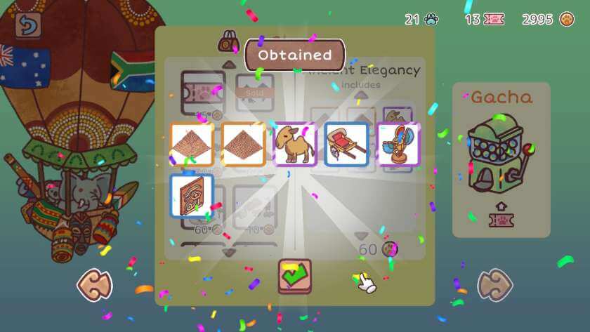 The shop menu, with pyramids, camel and other Egyptian themed items. There is also the option of using the gacha machine. Published on: LadiesGamers