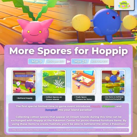 Screenshot for the video game Pokemon Pokopia and the first Hoppip Event, published on LadiesGamers.com