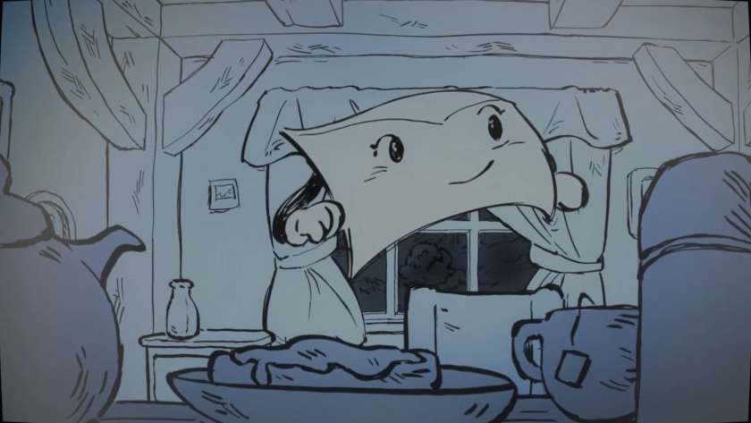 A animated screenshot of a flying letter with hands and a face in Pencil Stories.