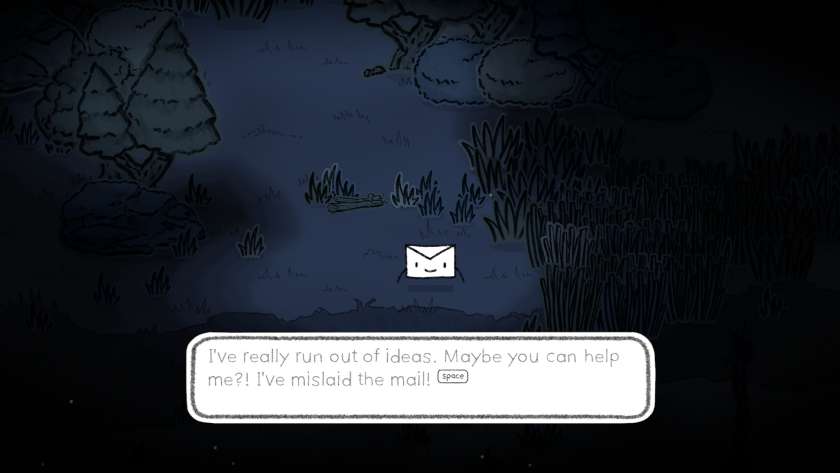 A small letter with a face wanders a dark forest at midnight in Pencil Stories.