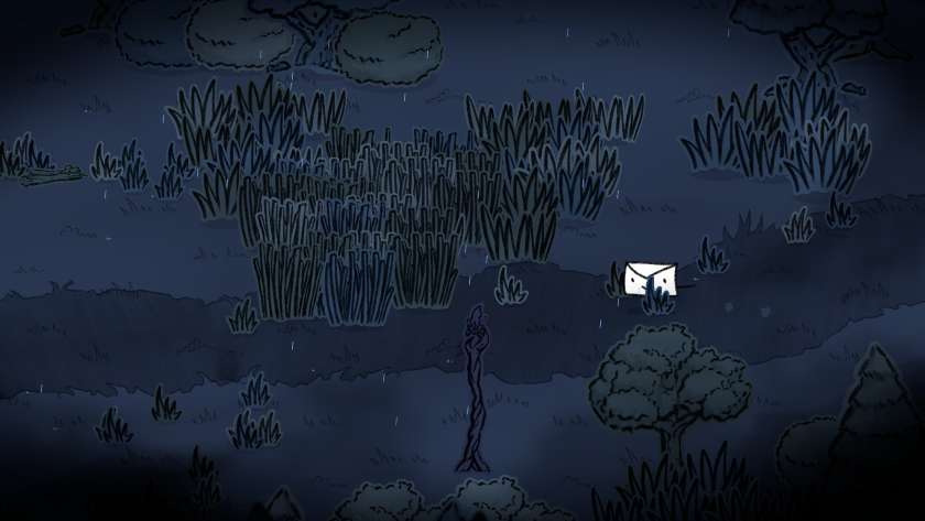 A small letter with a face wanders a dark forest at midnight in Pencil Stories.