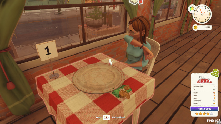 A customer in Pizza Slice finishes up her pizza and rates it before standing up.