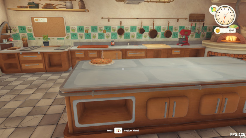 A pizza sits on the counter of the Pizza Slice kitchen.