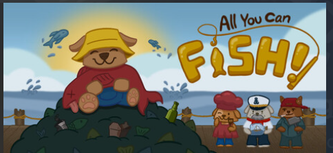 A dog with a fishing pole in All You Can Fish!