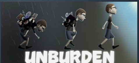 A person with a backpack and the word Unburden